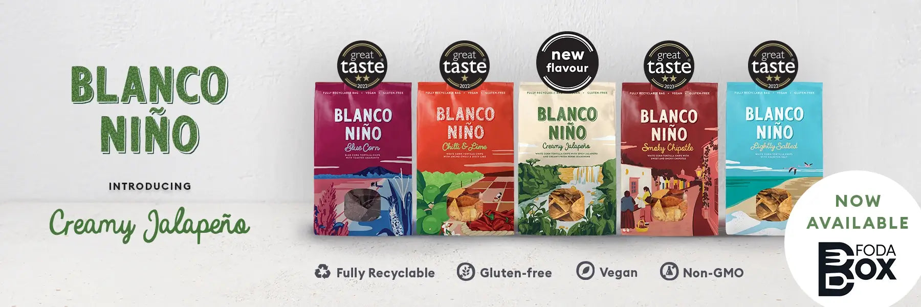 Blanco Nino All 5 Flavours Lightly Salted, Chilli & Lime, Smoky Chipotle, Blue Corn and Creamy Jalapeno.
