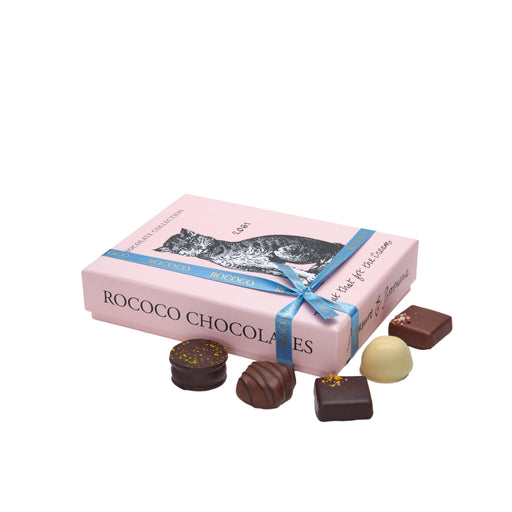 Rococo Chocolates Chocolate and Truffle Gift Box. Cat that Got the Cream. Cat design, pink box, wrapped with blue ribbon. Gift wrapped chocolate box, perfect for gifting. Best Mother's Day Present, birthday gift and birthday present. 