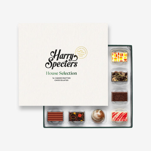 A chocolate selection box containing 16 chocolates, partially covered by a lid showing the name Harry Specters. The chocolates seen within this gift box are a colourful mix of white, milk, and dark chocolate with two Father's Day message chocolates.