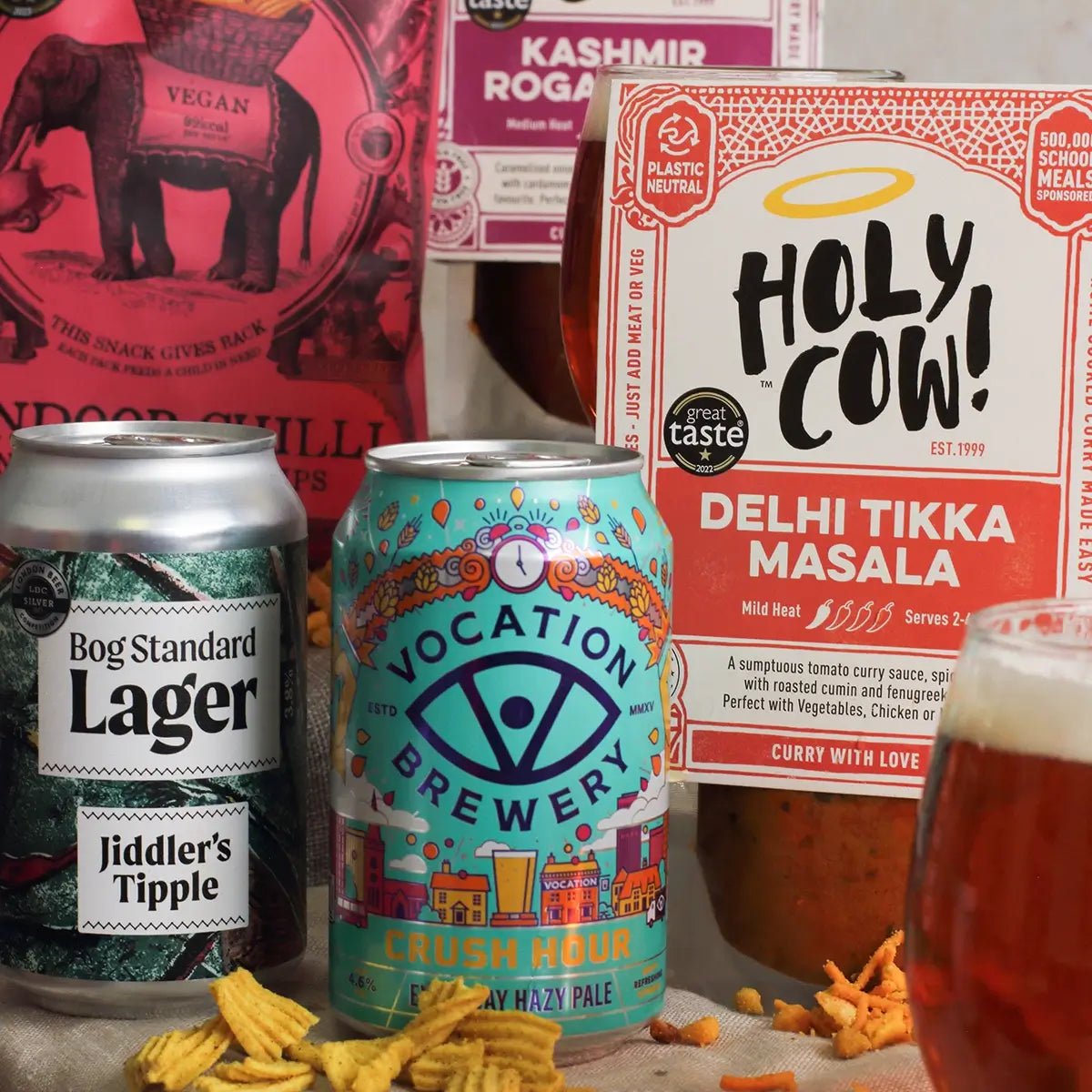 Beer curry gift close up showcasing beer selection and Indian sauces