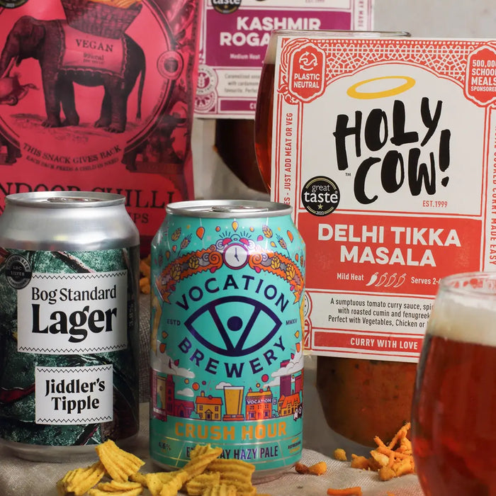 Beer curry gift close up showcasing beer selection and Indian sauces