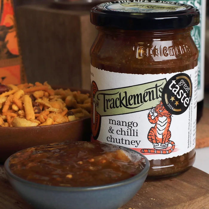 Beer and curry gift close up showcasing  mango and chilli chutney