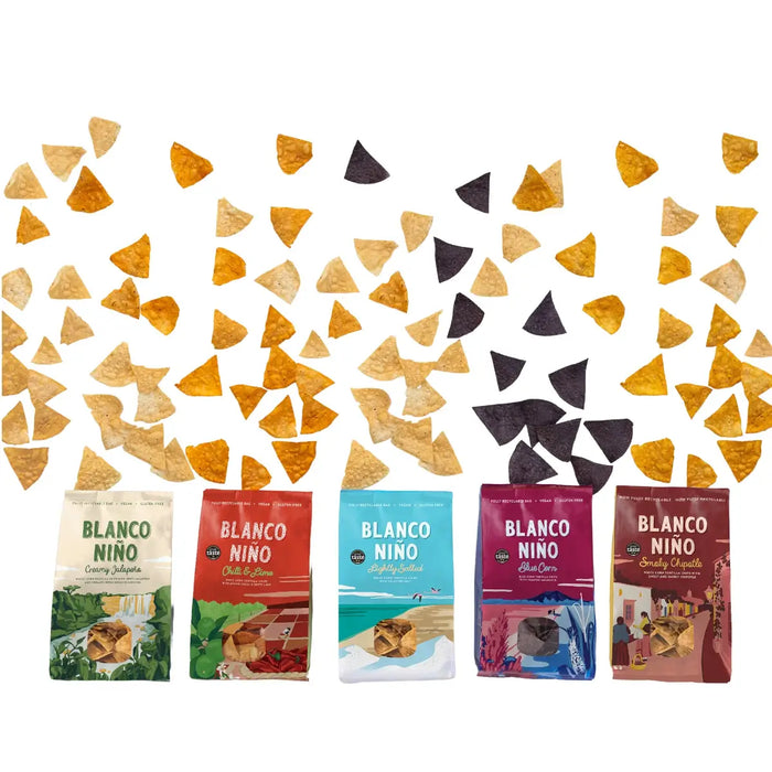 Blanco Niño - Authentic Tortilla Chips All Flavours bags and scattered chips