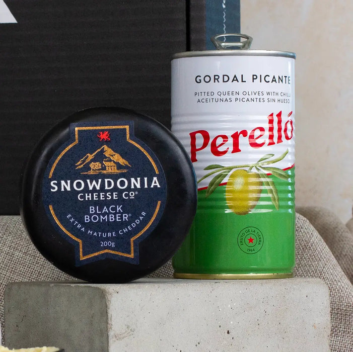 Perello Olives and Snowdonia Cheese close up