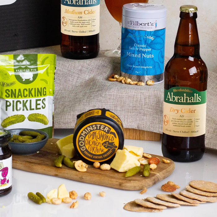 Abrahalls Dry Cider and Godminster Oak Smoked Cheddar Cheese Close up