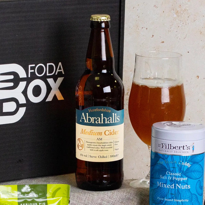 Abrahalls Medium Cider and Mr Filberts Salt and Pepper Nuts Close Up