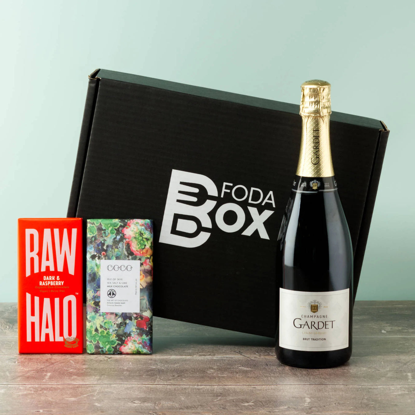 Champagne and chocolate gift with FodaBox branded box for client and staff gifts