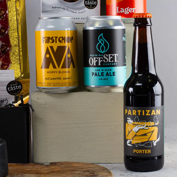 Craft Beer, Charcuterie and Cheese Hamper Close Up on beer