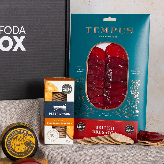 Tempus British Bresaola, Peters Yard Crackers, Oak Smoked cheese.