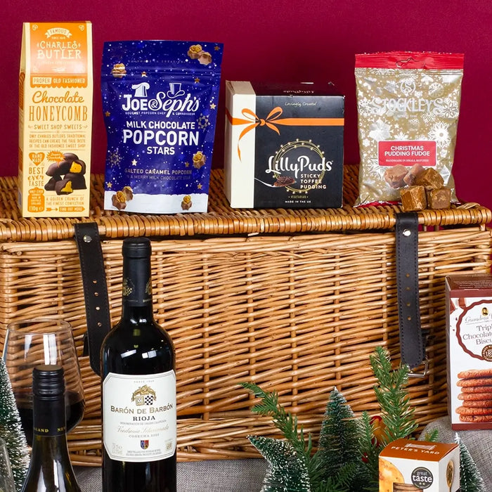Luxury Gourmet Christmas Hamper -basket and contents close up.