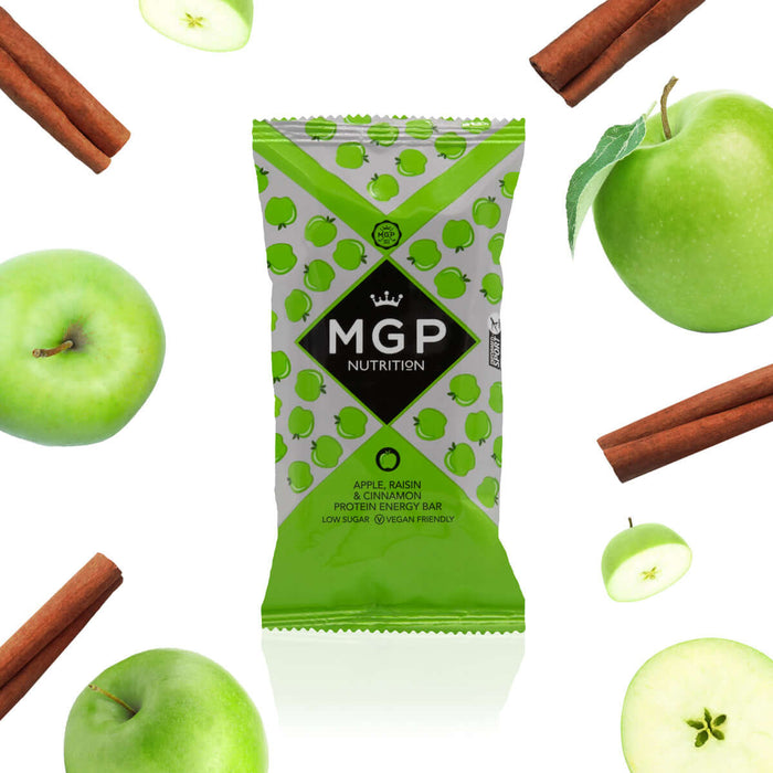 MGP Nutrition Apple & Cinnamon Protein Energy Bar 12 x 60g with apple and cinnamon stick background