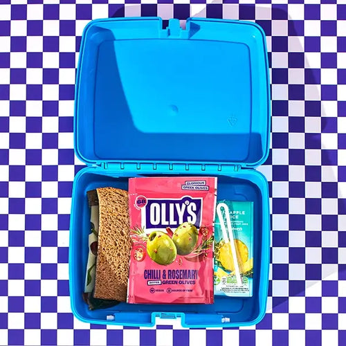 Olly's chilli and rosemary olives in a blue lunchbox with sandwich and drink carton