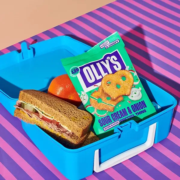 Olly's sour cream and onion pretzels and sandwich in a blue lunchbox