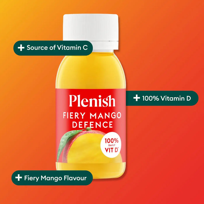 Plenish Fiery Mango Defence health shot bottle on an orange background