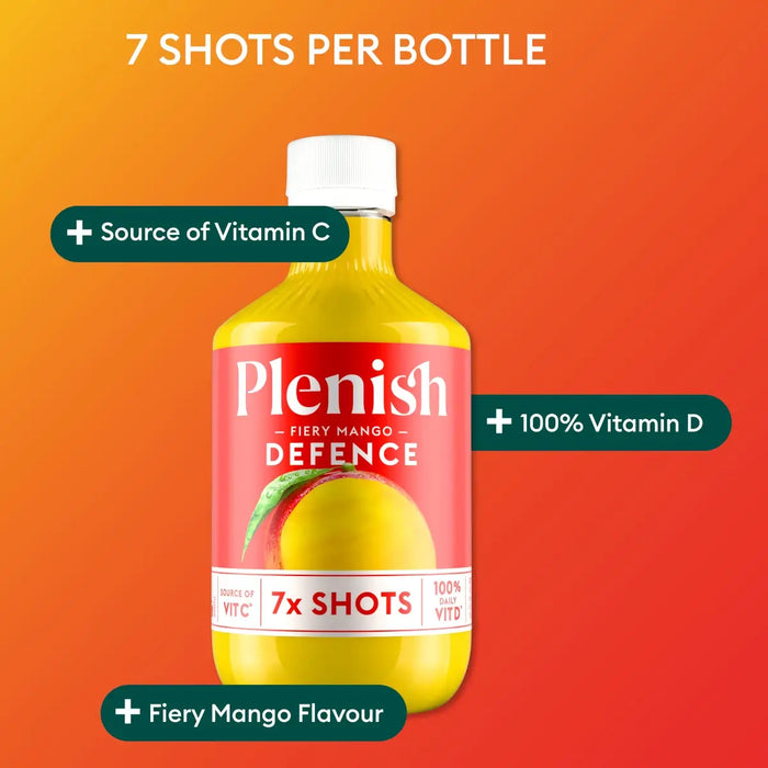 Plenish Fiery Mango Defence bottle with text on an orange background