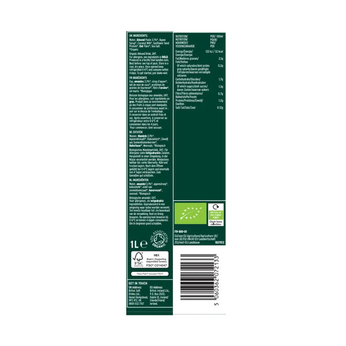 Plenish - Organic Almond Barista Milk 6 x 1L Back of Pack