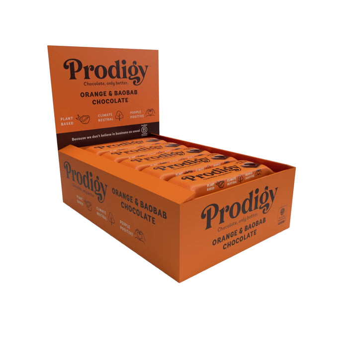 Prodigy - Chunky Orange & Baobab Chocolate Bar 15 x 35g Side