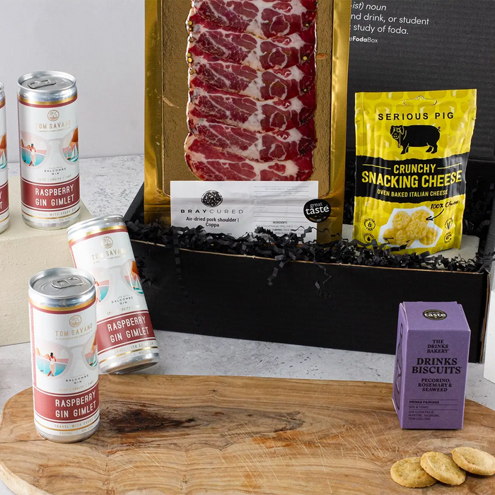 Raspberry Gin Gimblet Cocktail Gift Set and Snacks Close Up