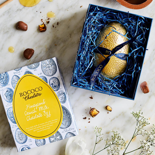 Rococo Luxury Honeycomb Crunch Milk Chocolate Egg | Hand Decorated Honeycomb Milk Chocolate Egg - A Perfect Easter Gift Idea | Crunchy, Creamy, and Decadent | The perfect Luxury Easter Egg for chocoholics | Deliciously Rich Honeycomb Milk Chocolate Easter Egg | Perfect for sharing with friends and family at Easter