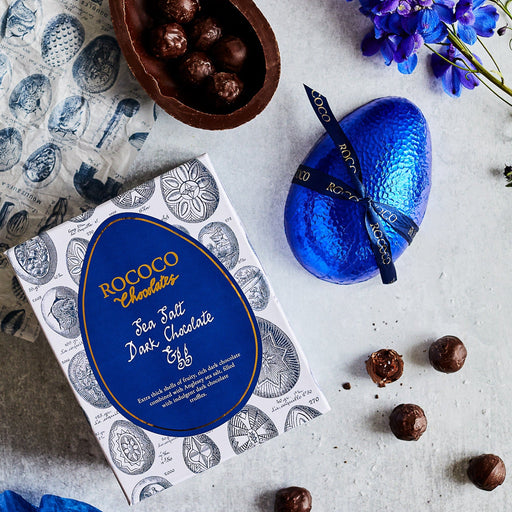 Delicious Rococo dark chocolate sea salt Easter egg | Handcrafted dark chocolate sea salt Easter egg | Dark Chocolate egg filled inside with luxurious Dark Ganache Truffles | Perfect for sharing or Table Scaping at Easter Weekend | Dark blue foiled luxury and decadant easter egg