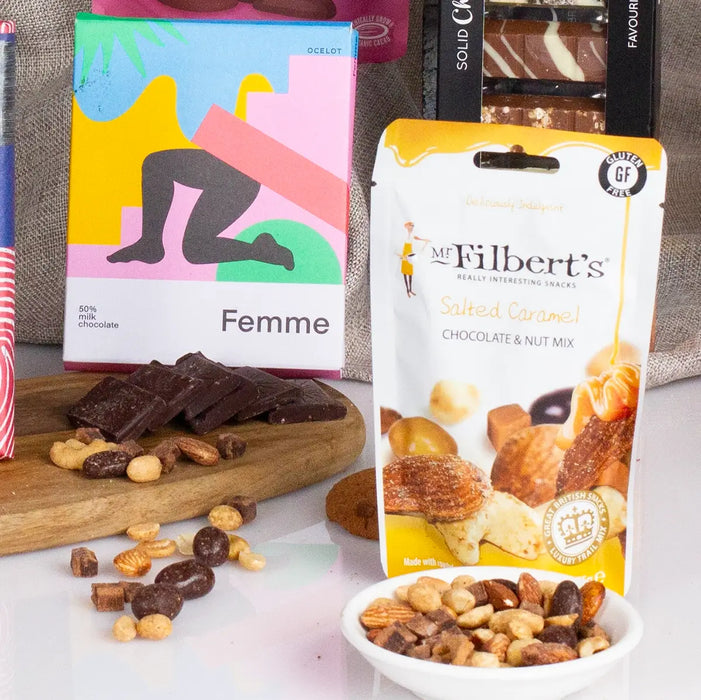 Salted caramel nuts and chocolate bar closer up