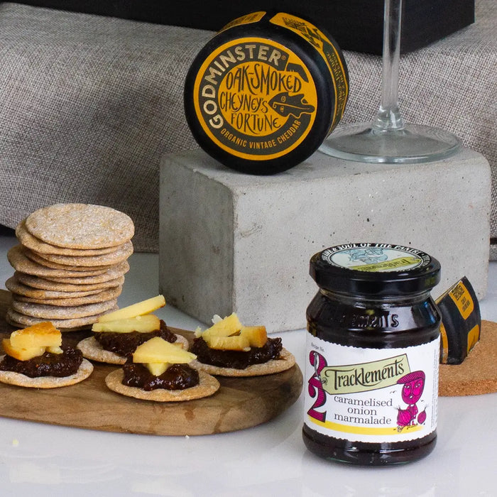Tracklements Jar and Godminster Cheese Close Up