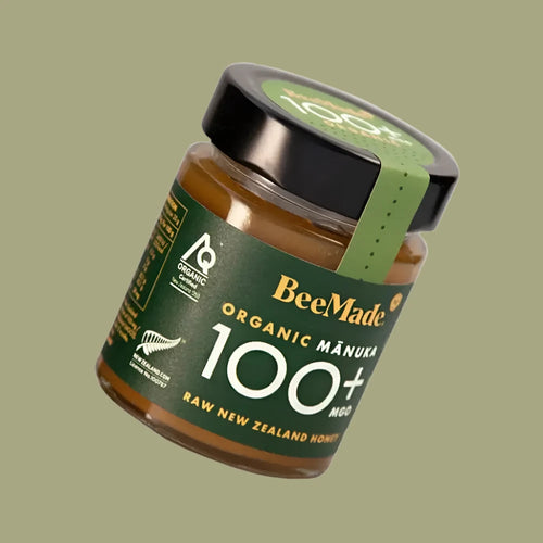 BeeMade Organic Mànuka Honey MGO 100+ 250g at a diagonal