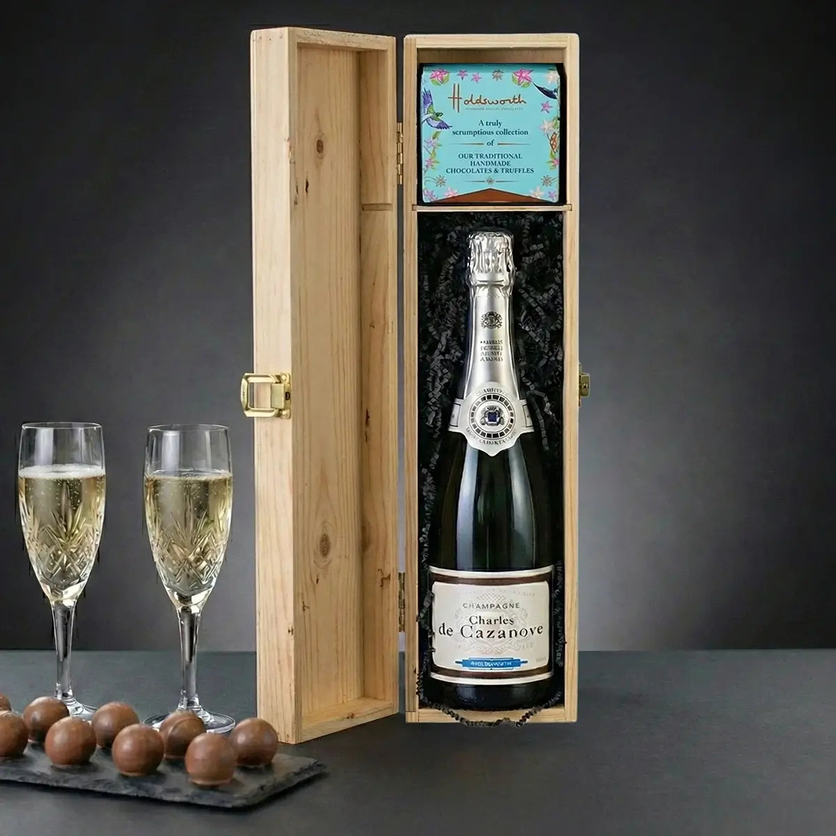 Champagne and Truffles In Wooden Box