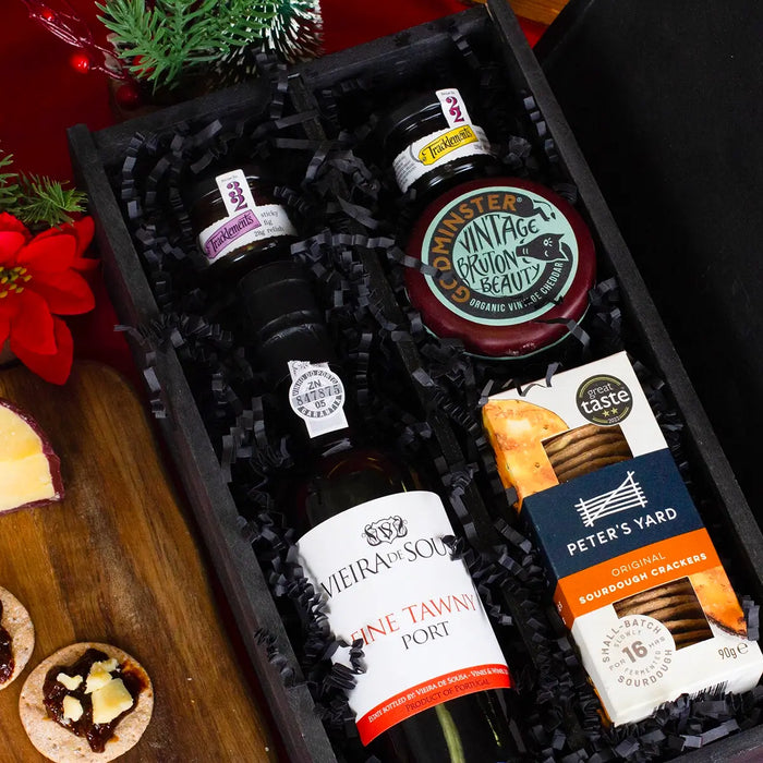 Port and cheese in wooden box presentation