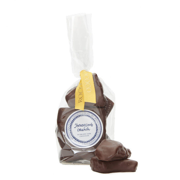 Rococo Chocolates Organic Dark Chocolate Honeycomb Crunch. Large honeycomb pieces enrobed in luxury organic dark chocolate. Perfect treat to share. Best Father's Day Gift. Buy Honeycomb online.
