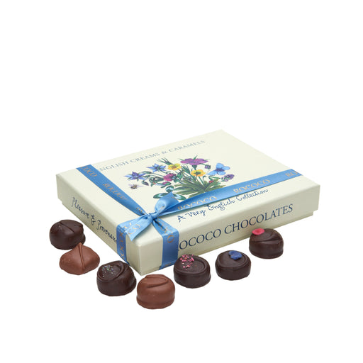 Rococo Chocolates English Cream Caramels. Milk and Dark Chocolate Creams, Floral, Caramel and Creams. Gift Wrapped chocolates, wrapped with ribbon. British made chocolates. Handmade creams and caramels.