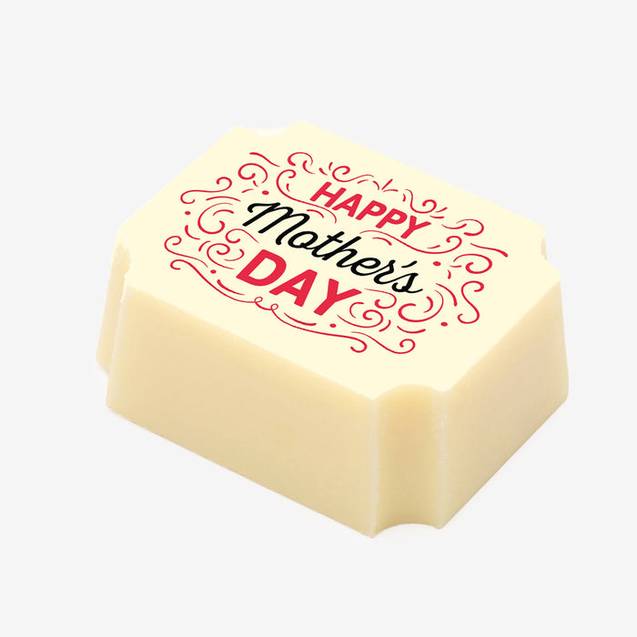 A white chocolate filled with dark chocolate ganache, made by Harry Specters, with a Happy Mother’s Day message printed on the top.