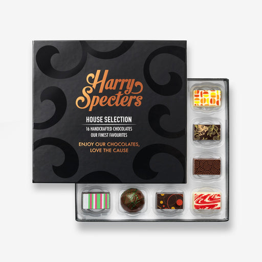 A chocolate selection box containing 16 chocolates, partially covered by a lid showing the name Harry Specters. The chocolates seen within this gift box are a colourful mix of white, milk, and dark chocolate with two Sweetheart message chocolates.