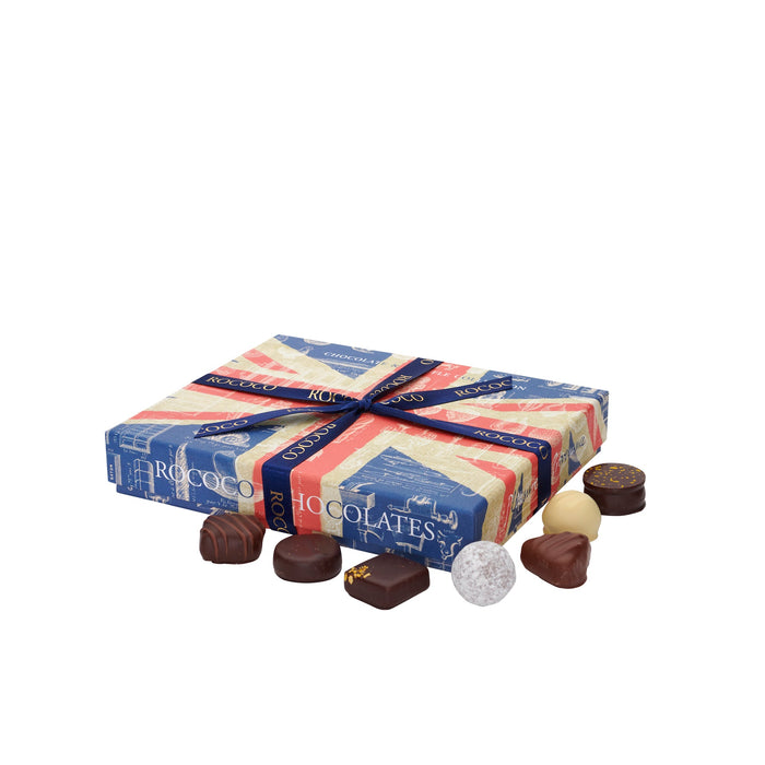 Union Jack Gift Box. Large chocolate gift box. Large chocolate gifts, filled with chocolates and truffles. Filled with ganache chocolates and truffles. Union Jack design. Gift Wrapped chocolate box. Available for delivery, online and collect in store. Best father's day gifts. Luxury father's Day gifts. 