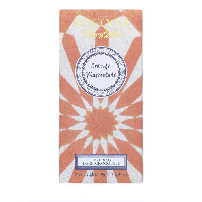 Rococo Chocolates Orange Marmalade Dark Chocolates. Dark Orange Chocolate, as an artisan luxury dark chocolate bar. Perfect small gift, available to buy online.