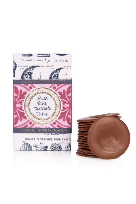 Rococo Chocolates Rose & Milk Chocolate Thins. Luxury Milk chocolate, infused with rose essential oil. Best Birthday Gift. Buy gift for mum online. Bestselling chocolate gift.