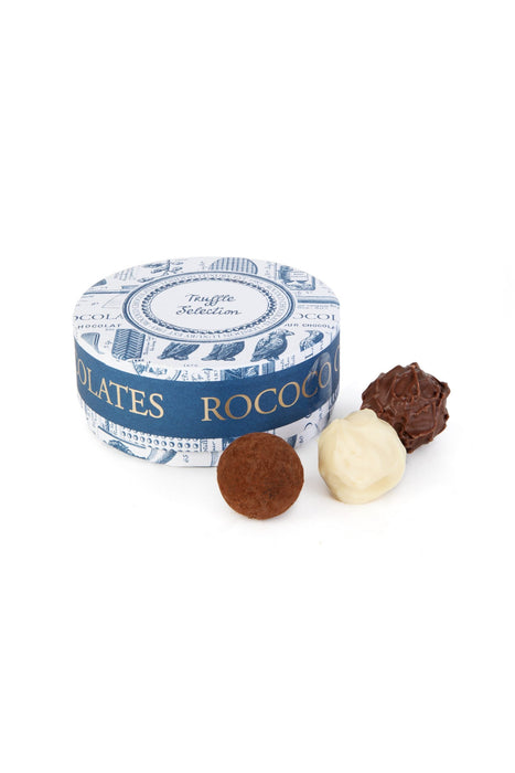 Rococo Chocolates Mini Truffle Selection. Including salted caramel truffle, white chocolate ganache and dark chocolate ganache. Perfect thank you gift. Buy chocolate gift box online.