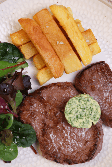 Rump Steak Herb Butter and triple cooked Chips Cooking Recipe Kit Serves 2 created by Chef Daniel Galmiche - Chefs For Foodies