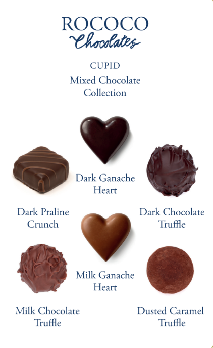 Dark Chocolate Heart | Milk Ganache Heart | Dark Chocolate Truffle | Dusted Sea Salt Caramel Truffle | Milk Chocolate Truffle | Dark Praline Crunch