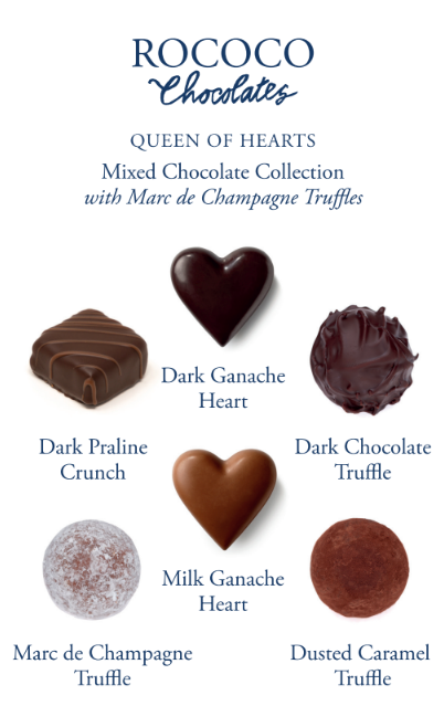 Dark Ganache Heart | Chocolate Hearts | Dark Praline Crunch | Marc de Champagne Truffles | Milk Chocolate Heart | Dusted Salted Caramel Truffle | Dark Chocolate Truffle