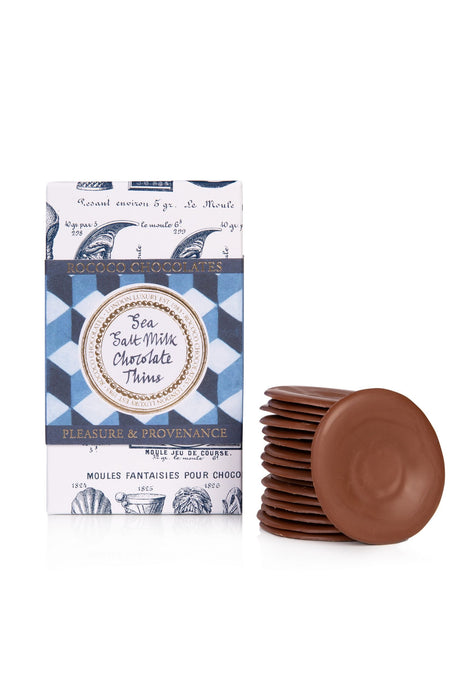 Rococo Chocolates Sea Salt Milk Chocolate Thins. Bestselling chocolate gift. Treat yourself and your loved ones. Milk Chocolate infused with Anglesey sea salt. Great as a thank you gift or as a treat for mum. Buy online now or in-store.