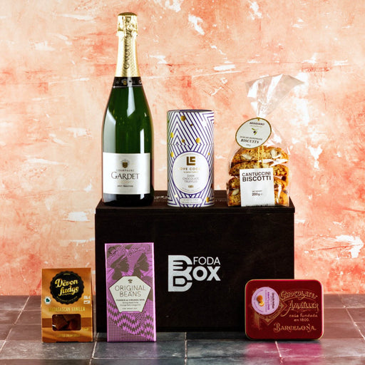 Luxury Pine Box Champagne Gift Hamper with Olives, Chocolate Truffles, Fudge and Biscotti-1